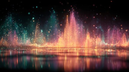 Fototapeta premium Abstract Glittering Landscape with Reflections, Sparkling Particles, and Colorful Light Waves on Dark Background, Ideal for Festive Celebrations and Digital Art