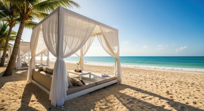Relax at a beachfront cabana with ocean views and gentle breezes on the sand