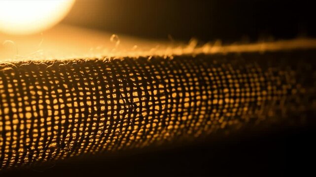 Close-up of textured fabric illuminated by warm light, showcasing intricate weave patterns and depth