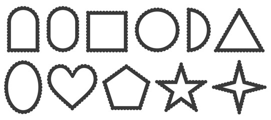 Shapes with scallop edge. Circle and square vector wavy frames. Stickers with lace curved pattern. Wiggly figures for banner design and scrapbooking.