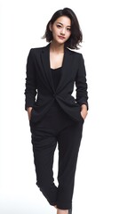 Young Professional Woman Posing in a Classic Black Suit on White Background, Displaying Confidence and Style