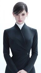Young Professional Woman with Dark Hair in a Classic Formal Business Suit on an Isolated White Background