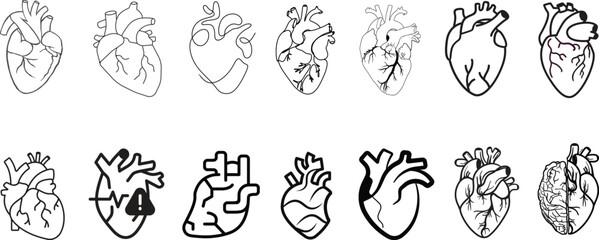 Anatomical heart icon set.Human anatomy internal organ set with brain lung intestine heart kidney liver and stomatch.Healthy Cardiovascular Organ Symbol Collection on White Background and red.