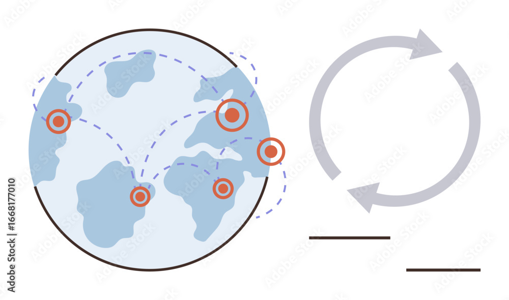 Aufkleber globe with highlighted points connected by dotted lines, circular arrows on the side. ideal for logi