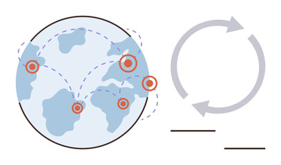 Globe with highlighted points connected by dotted lines, circular arrows on the side. Ideal for logistics, global communication, workflow, network, trade, teamwork business. Simple flat metaphor