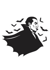 Silhouette of Dracula with bats, perfect for Halloween cutouts and crafts. Black vector design features a gothic vampire