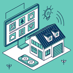 Naklejka premium An isometric view of a smart home control room interface. The screen shows icons for controlling security cameras, thermostat, lighting, and music in a modern house. The design is clean, futuristic, a