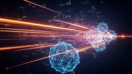 Abstract visualization of glowing geometric structures and light beams against a dark background with equations - Powered by Adobe