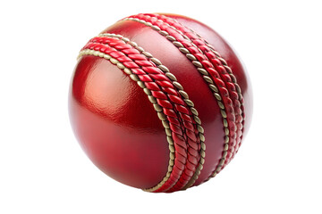 A red cricket ball with prominent stitching, isolated on a transparent background, ready for a match