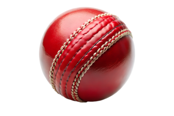 A closeup of a red cricket ball with detailed stitching, isolated on a transparent background