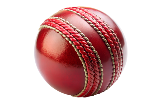 A red cricket ball with prominent stitching, isolated on a transparent background, ready for a match - Powered by Adobe
