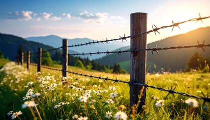 Sunlit meadow with wildflowers, mountains in background, fenced with barbed wire