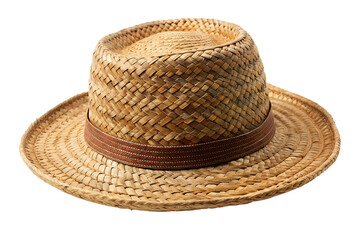 A woven straw fedora hat with a brown ribbon band, isolated on a transparent background