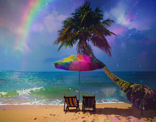 Empty deck chairs on a sandy shore under a leaning palm tree, facing a tranquil sea and a magical, star-filled rainbow sky