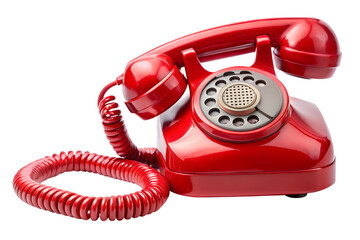 A classic red rotary dial telephone isolated on a transparent background, representing communication and nostalgia