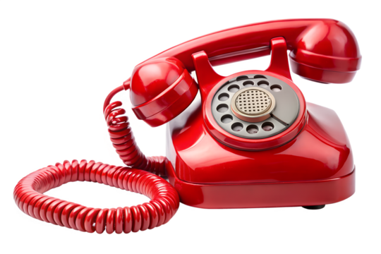 A classic red rotary dial telephone isolated on a transparent background, representing communication and nostalgia