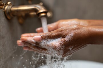 Fototapeta premium African American Hand Washing. Close-up of Girl Washing Hands with Soap in Bathroom