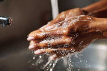African American Hand Washing. Girl washing hands with soap in bathroom for skincare and hygiene