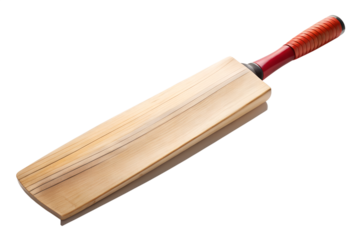 Wooden cricket bat with red grip isolated on transparent background