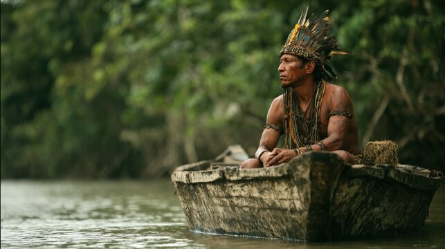 Amazon Rainforest People. Fisherman in Handmade Boat in River of Venezuela