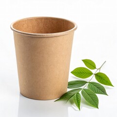 Brown Paper Coffee Cup with Green Leaf Eco Concept