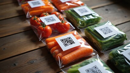 Neatly arranged packaged food portions with visible QR codes on wooden surface for traceability and product information. Generative AI.