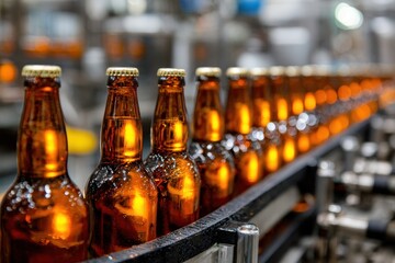 Beer Assembly Line. Bottles of Brown Beer on Conveyor Belt in a Production Facility