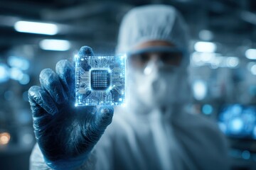 Biomedical Device. Engineer in Sterile Coverall with Futuristic Microchip in Holographic Background
