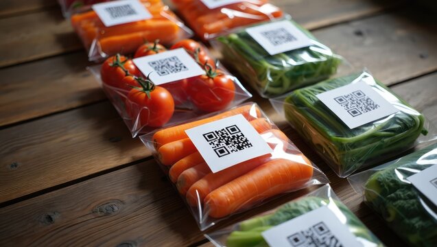 Neatly arranged packaged food portions with visible QR codes on wooden surface for traceability and product information. Generative AI.