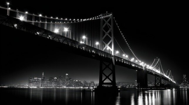 Fototapeta Black And White San Francisco. Night View of Bay Bridge in Frisco Waters