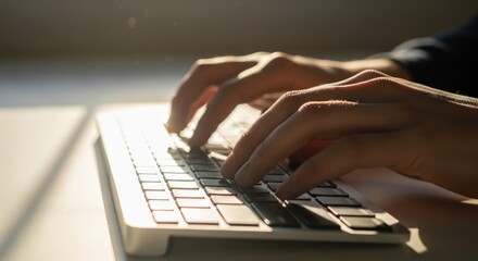 Typing on modern keyboard illuminated by sunlight, focused productivity concept