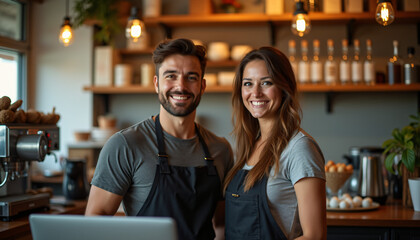 Happy Cafe Owners Smiling Behind Counter.