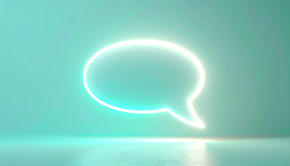 Bright neon blank message bubble glowing softly in white and cyan, floating on pastel green