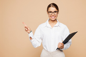 Young employee business woman corporate lawyer wear classic formal white shirt glasses work in...