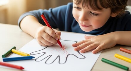 Little artist passionately colors handprint artwork at the table