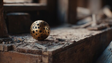 Golden sphere with dark spots rests on weathered wooden surface in a dusty, rustic setting