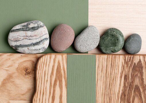 Elegant arrangement of natural stones and pebbles showcasing diverse textures colors and patterns for artistic decorative and design applications