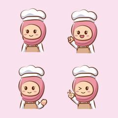Set of Collection Cartoon Girl Wearing Hijab and Chef Hat