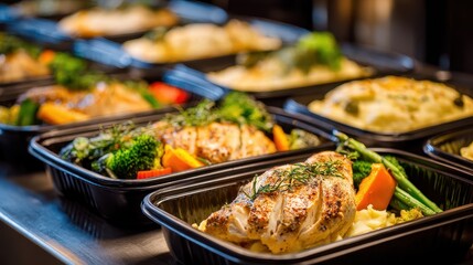 Catering Covid-19. Food Delivery Service: Preparing Delicious Dinner Portions in Containers