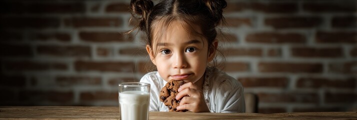 Chocolate Chip Cookie Kid: Hispanic Girl at the Table with Milk and Cookie, Smart and Confident