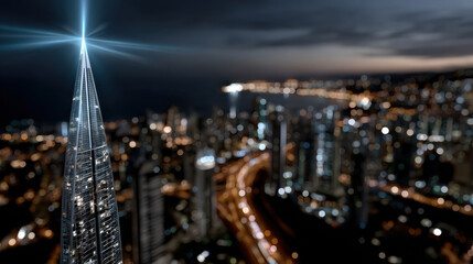 Fototapeta premium A striking image of a brightly lit skyscraper radiating light beams over a city at night, symbolizing hope and human ambition in an urban environment filled with life.