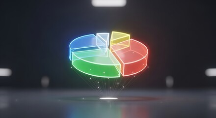 Futuristic 3d pie chart with vibrant neon edges and floating particles