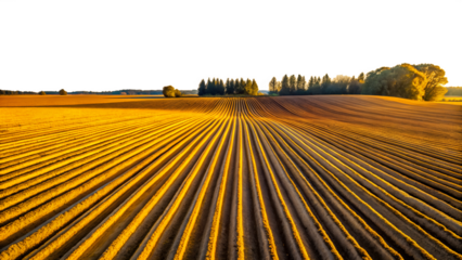 Aerial view of a freshly plowed agricultural field with rows of soil under a bright sky isolated on transparent background