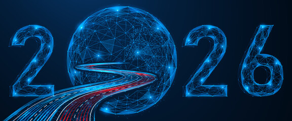 The digital road leading to 2026. A symbol of moving forward, progress, and the path to new achievements. Polygonal design of interconnected lines and dots. Blue background.