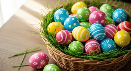 Fototapeta premium Vibrant Easter eggs nestled in grass create a festive spring holiday atmosphere