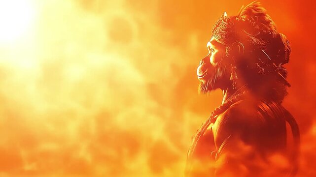 Hanuman profile view in orange wearing headwear beads