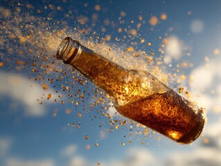 Amber Beer Bottle Exploding into Golden Particles Against a Sunny Sky
