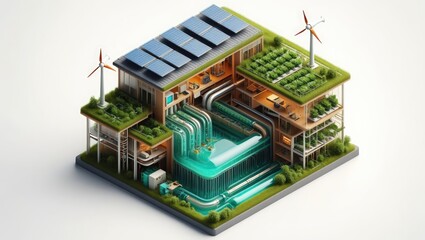 Modern eco friendly building with integrated green spaces and wind turbines for sustainable living. Generative AI.