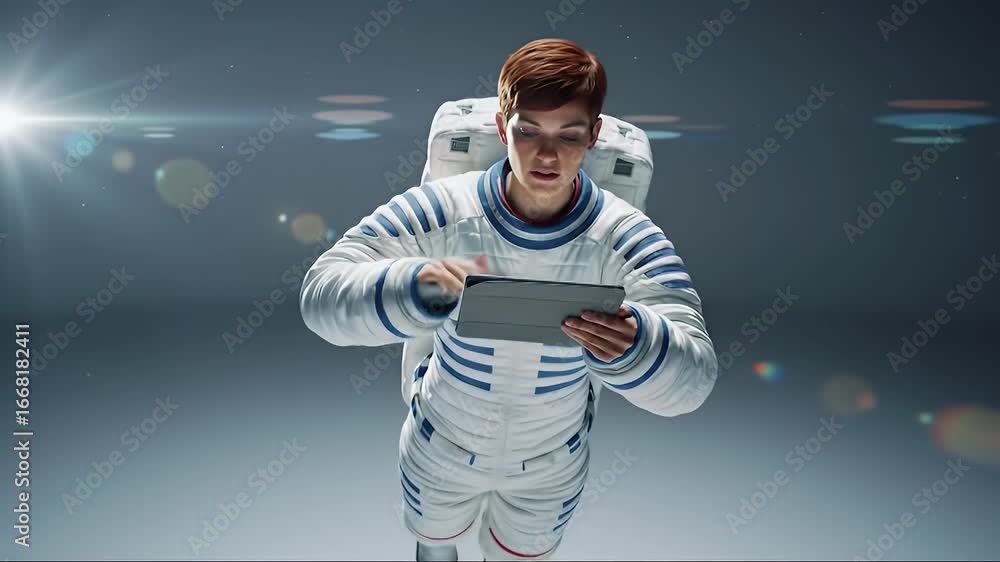 Poster focused astronaut in spacesuit using tablet, navigating digital technology in futuristic zero-gravit