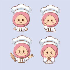 Set of Collection Cartoon Girl Wearing Hijab and Chef Hat